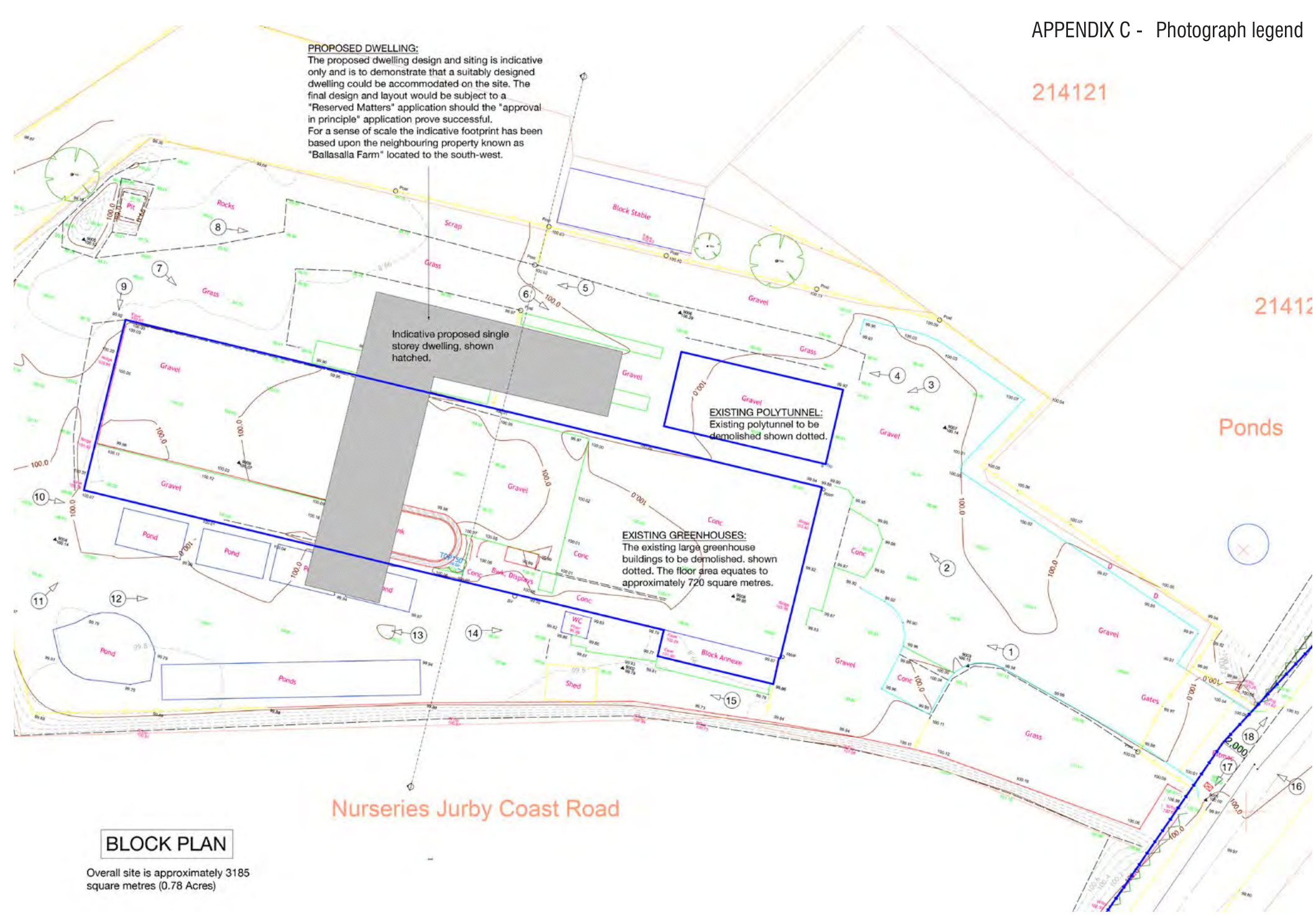 A site block plan illustrating the layout of a proposed single-storey dwelling, existing greenhouses, and polytunnels on a nursery site.
