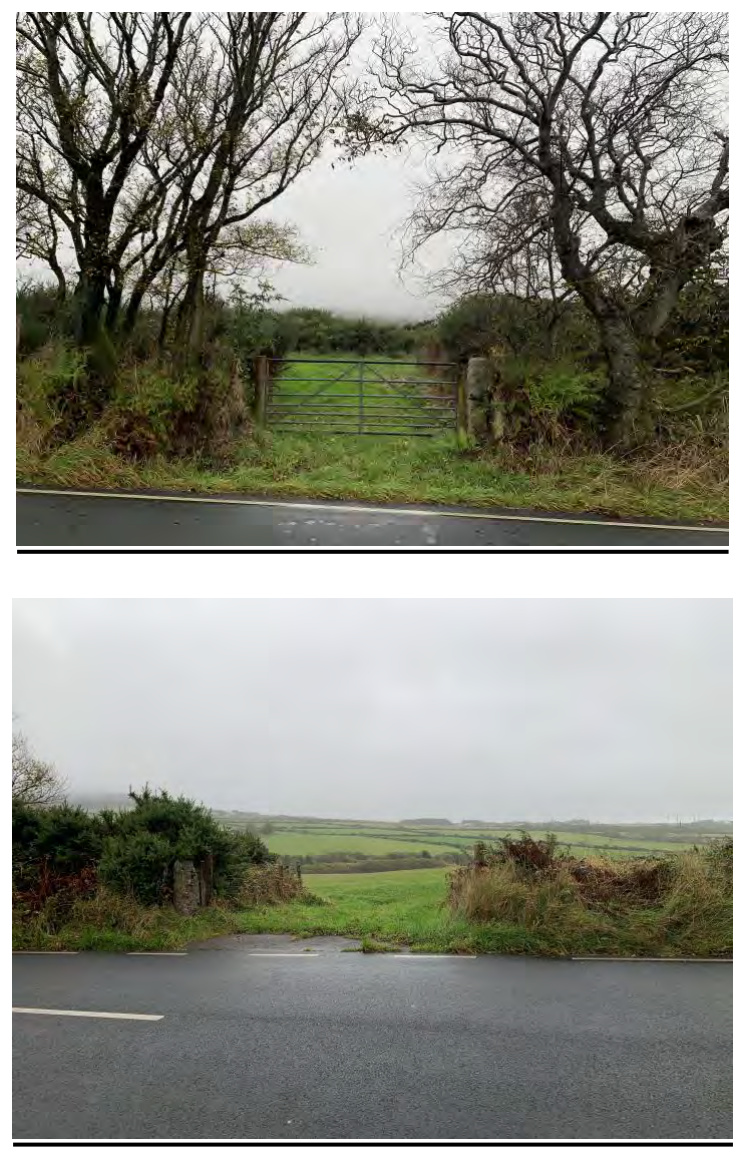 Two photographs showing existing farm access points along a rural road. The top image displays a metal gate within a hedge, and the bottom image shows a track entrance leading into green fields.