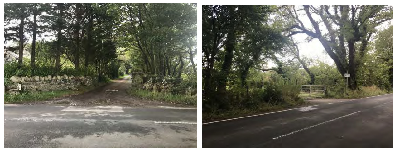 Two photographs showing the existing farm access points along a rural road. The left image displays a track entrance flanked by stone walls, while the right image shows the road verge with a gate and trees.