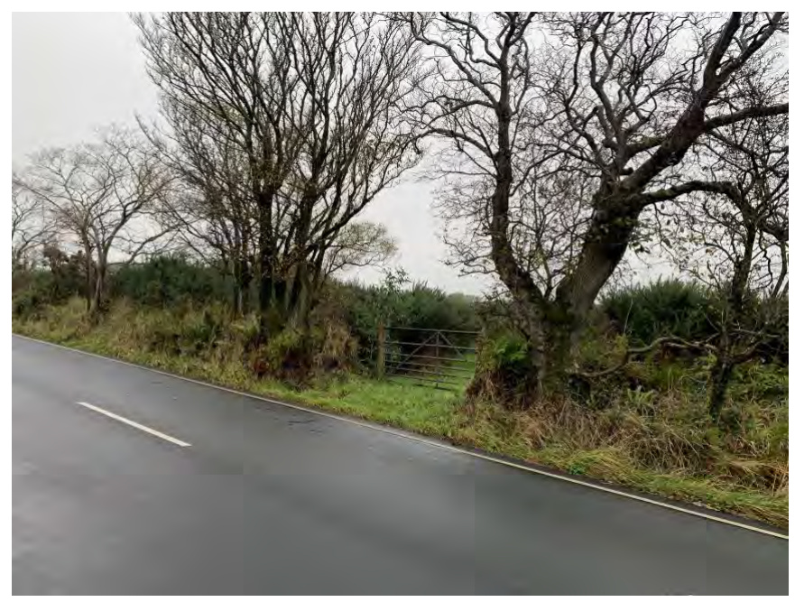 A photograph showing a paved rural road with a metal farm gate and trees on the verge, depicting the existing access point location.