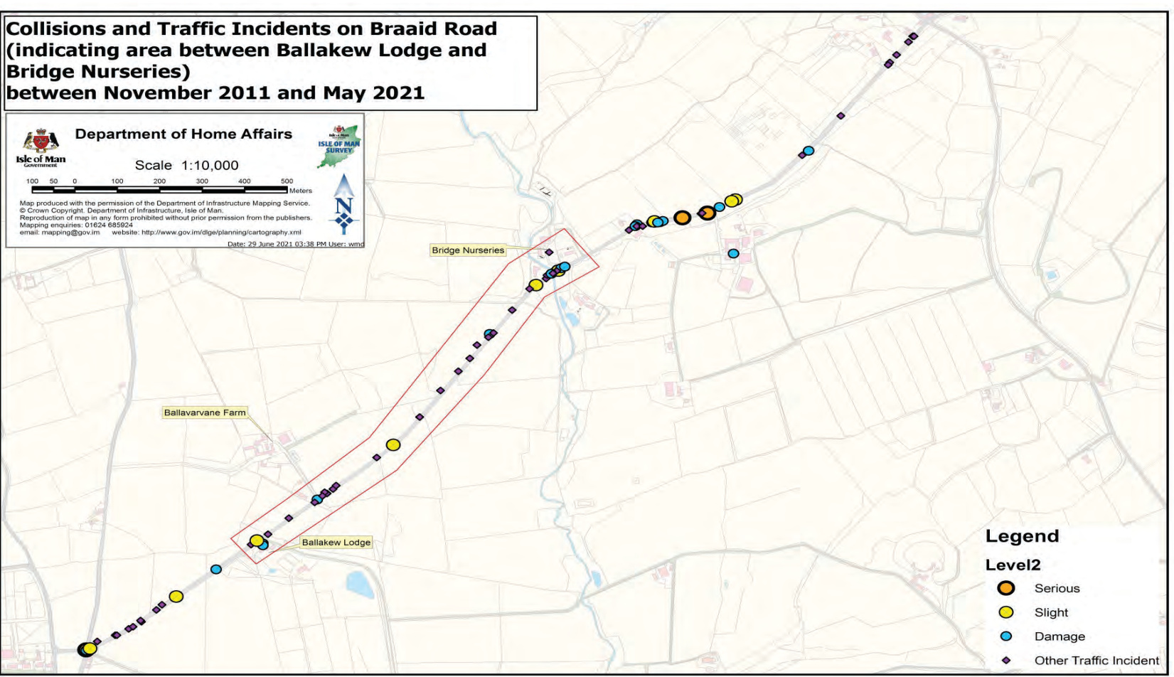 An official map from the Isle of Man Department of Home Affairs displaying traffic collision data along Braaid Road between Ballakew Lodge and Bridge Nurseries.