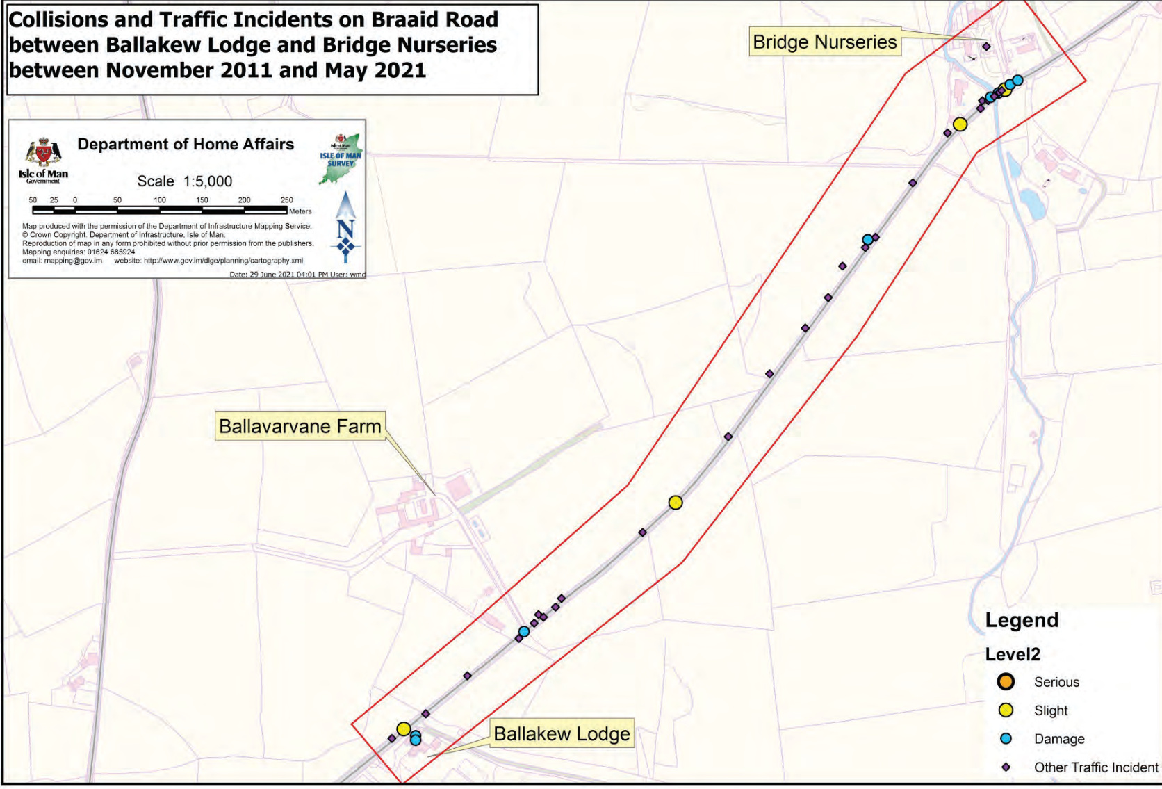 A map displaying traffic collision data along Braaid Road, highlighting locations like Ballavarvane Farm and Bridge Nurseries with incident markers.