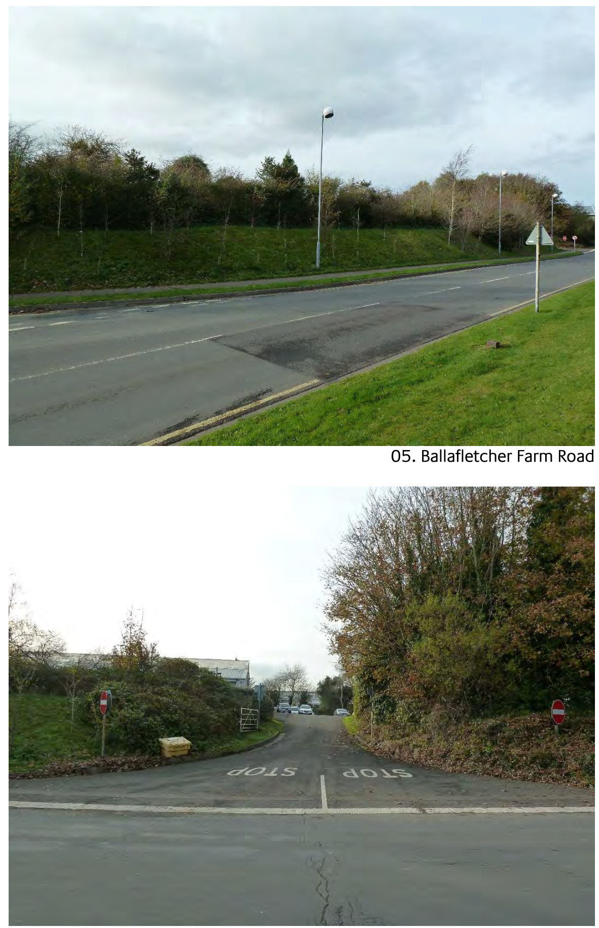 Composite image showing two street-level views of the site location. The top photo shows Ballafletcher Farm Road with a grassy embankment, and the bottom photo shows the road junction and entrance with stop markings.