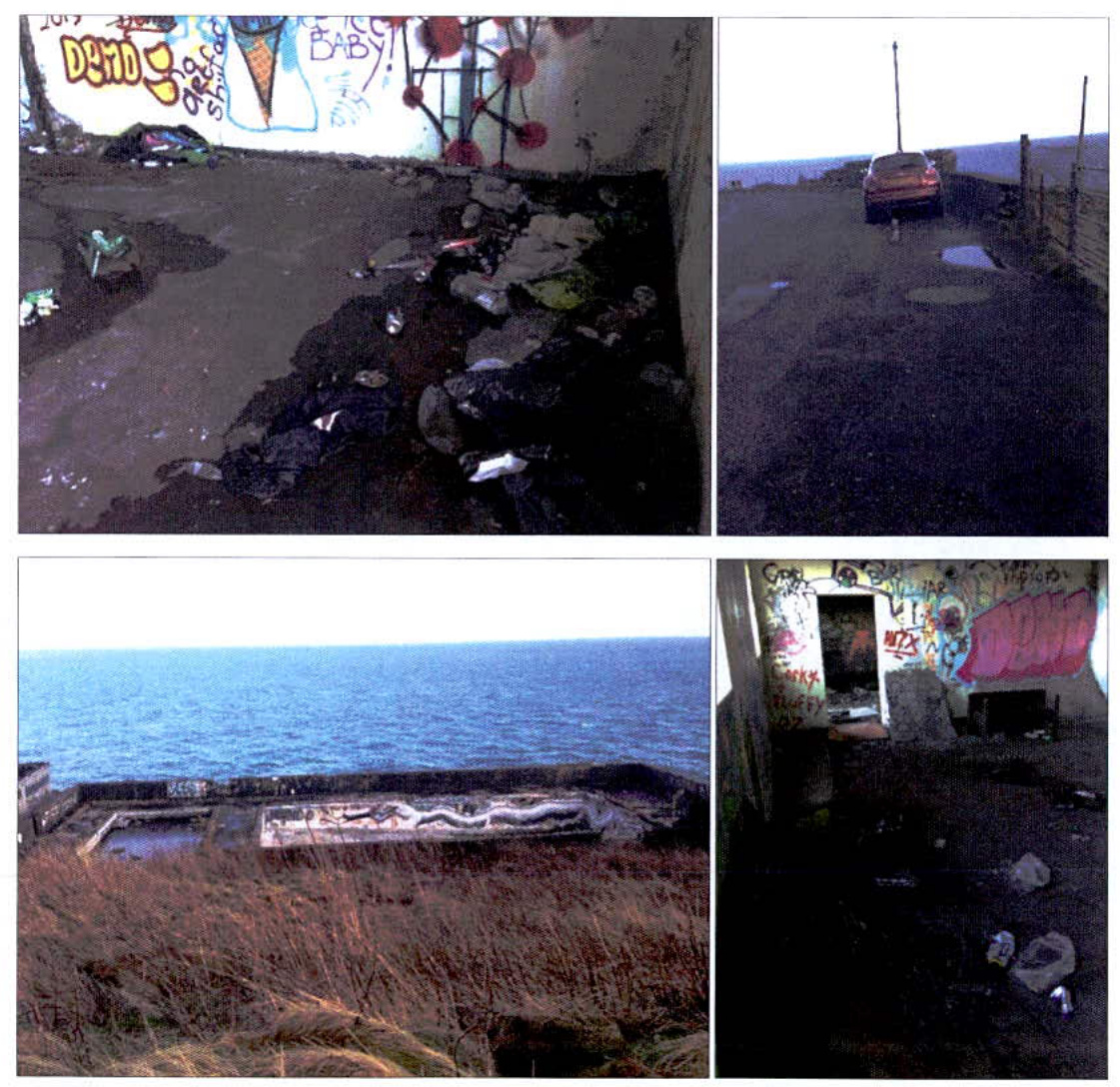 A composite image displaying four photographs of a derelict coastal site, featuring interior shots of a graffiti-covered, debris-filled room and exterior views of the sea and a parked car.