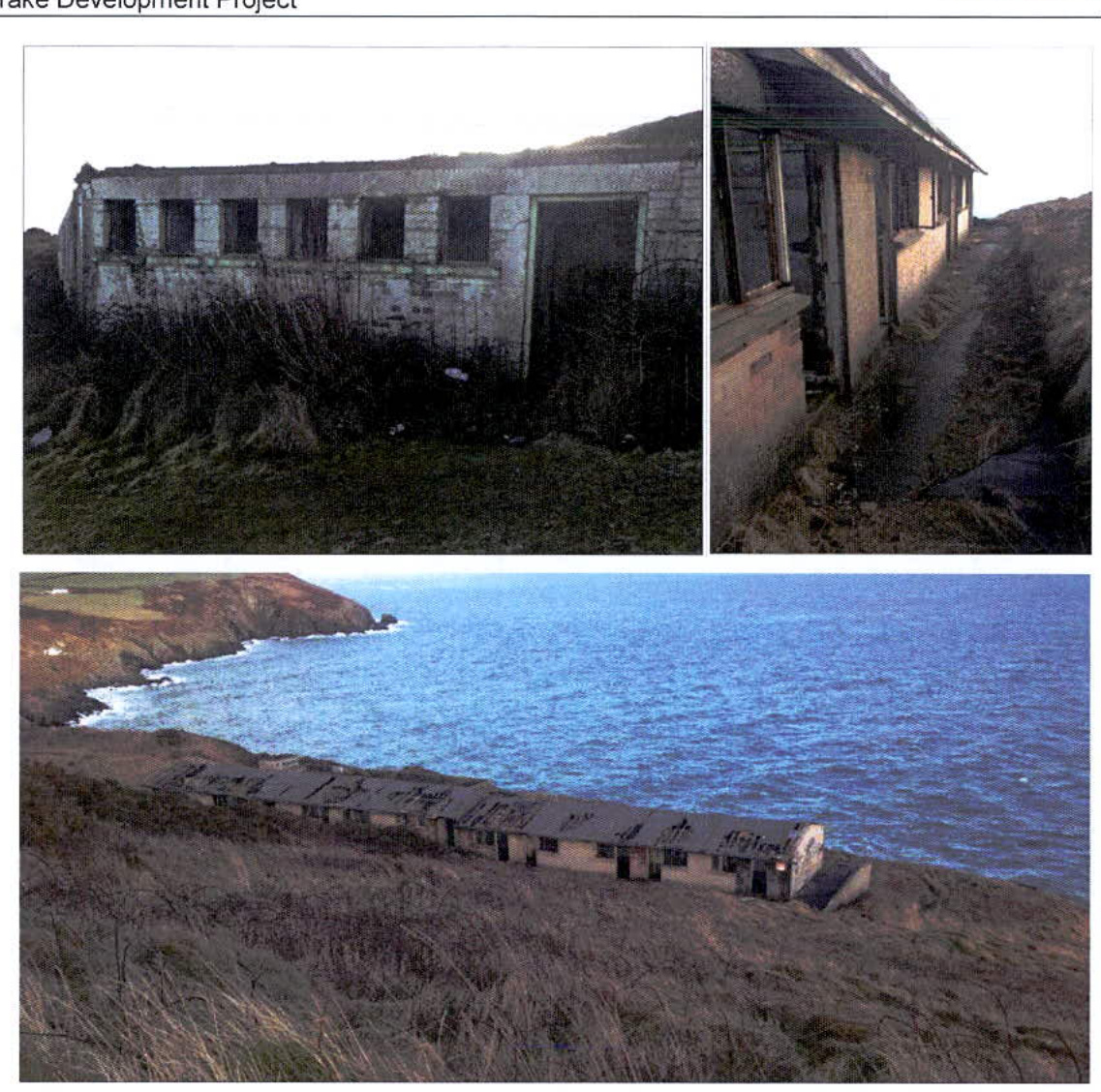 A composite image showing a dilapidated, single-story concrete building on a coastal cliff, including close-ups of the ruined structure and a wide view of the site overlooking the sea.
