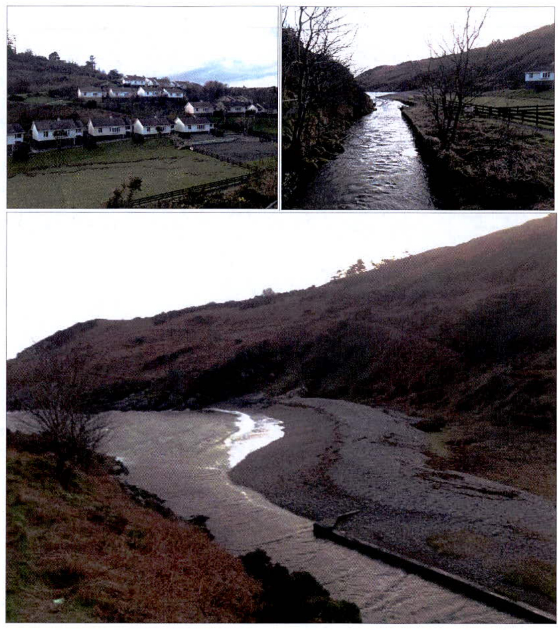 A composite image containing three photographs showing a row of white houses on a hillside, a stream in a wooded area, and a river mouth on a beach.
