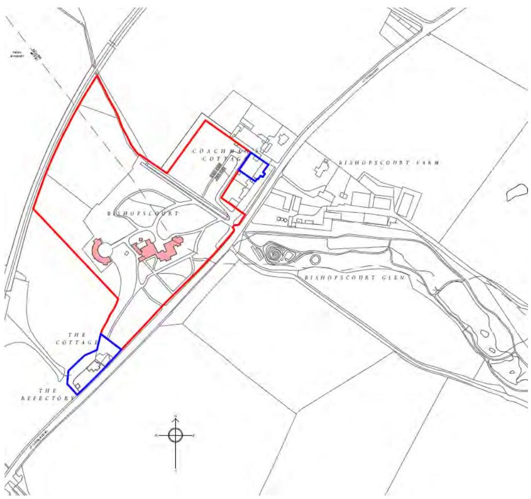 A site plan showing the layout of the Bishopscourt estate with red property boundaries and blue outlines highlighting specific buildings like the Coach House Cottage and The Refectory.
