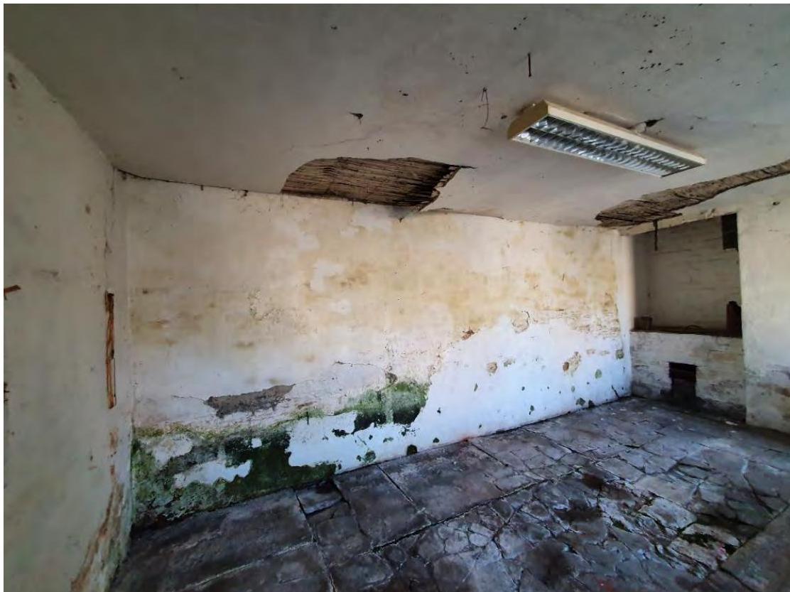 Interior photograph of a dilapidated room with stone flooring, peeling paint, and significant ceiling damage exposing wooden laths.