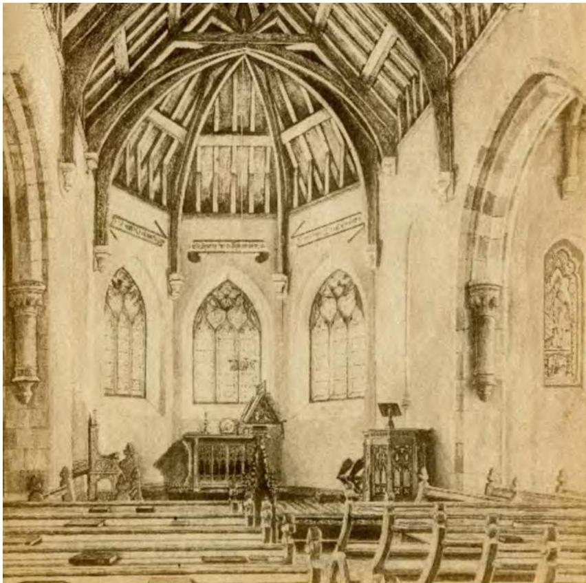 A sepia-toned historical interior view of the Chapel of St. Nicholas, showing the wooden vaulted ceiling, Gothic arched windows, and pews.