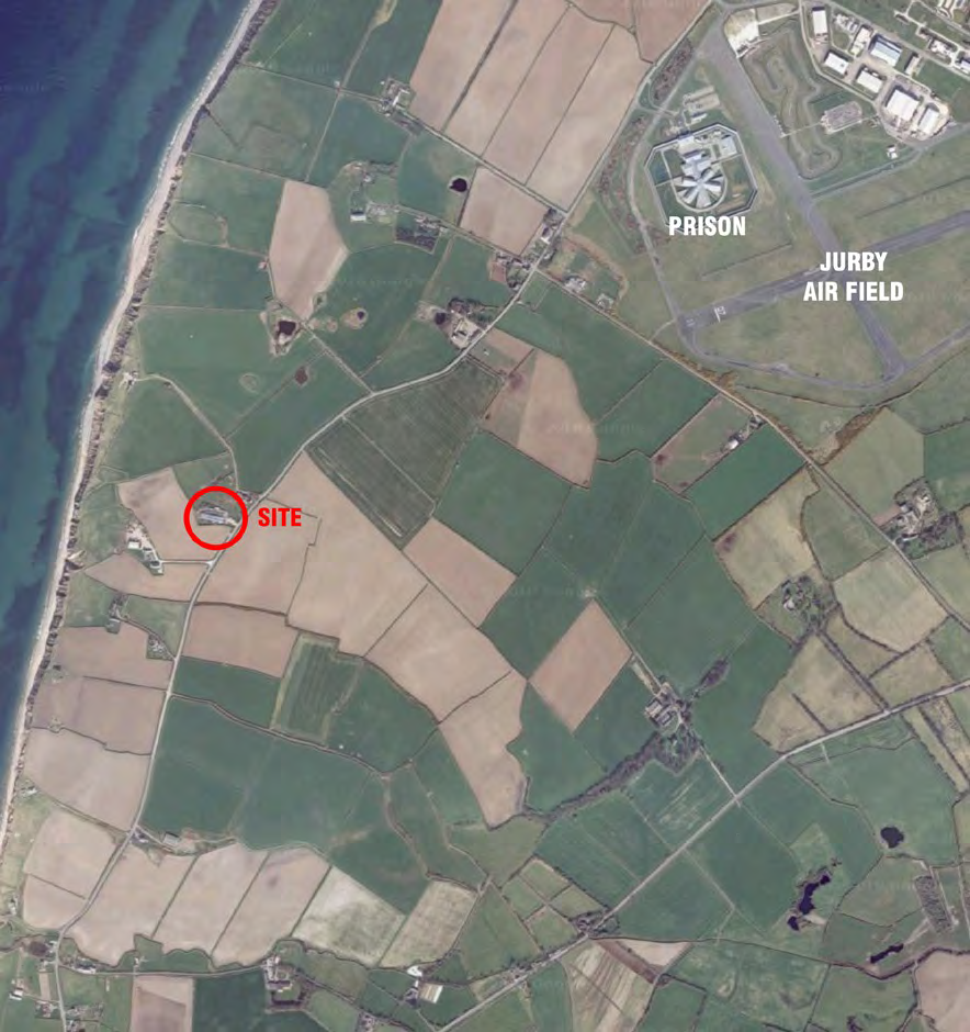 An aerial site location map highlighting a coastal plot of land circled in red, with nearby landmarks like a prison and airfield labeled.