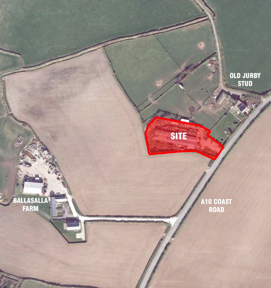 Aerial site location map showing the proposed development area outlined in red near the A10 Coast Road.