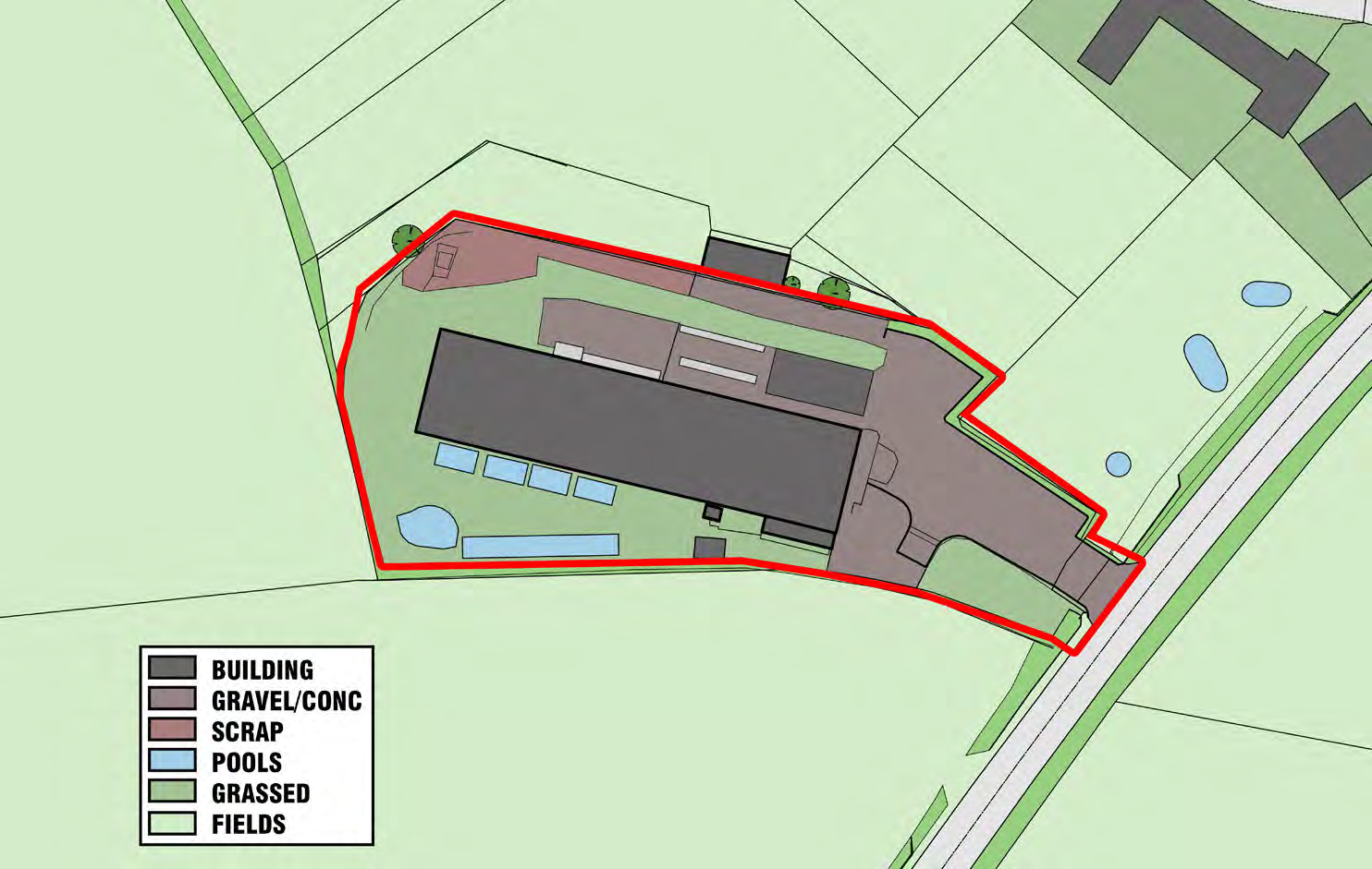 A site plan showing a property boundary outlined in red, containing a large building, gravel areas, and surrounding fields with a legend.