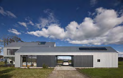 A photorealistic architectural rendering of a modern single-storey detached house with an attached carport and solar panels.