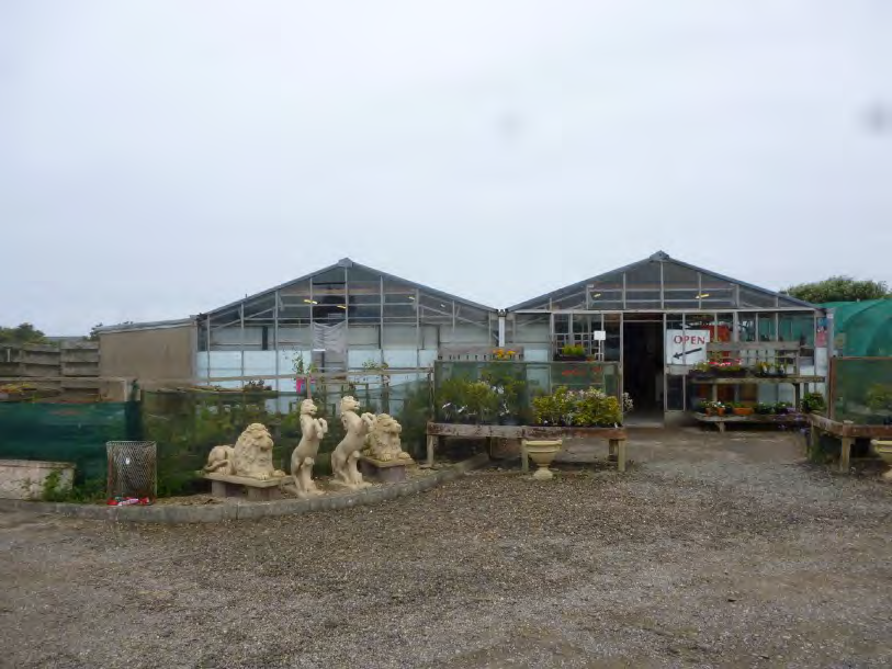 A photograph showing an existing garden centre or nursery with large glass greenhouses and stone statues on a gravel forecourt.