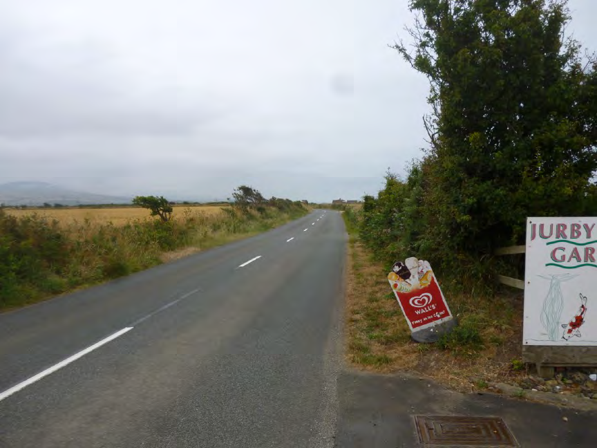 A photograph of a rural road verge featuring a sign for Jurby Garden Centre and an ice cream advertisement against a backdrop of fields.