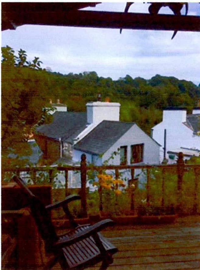 A grainy photograph taken from a wooden deck looking out towards white houses with slate roofs and a green hillside in the background.