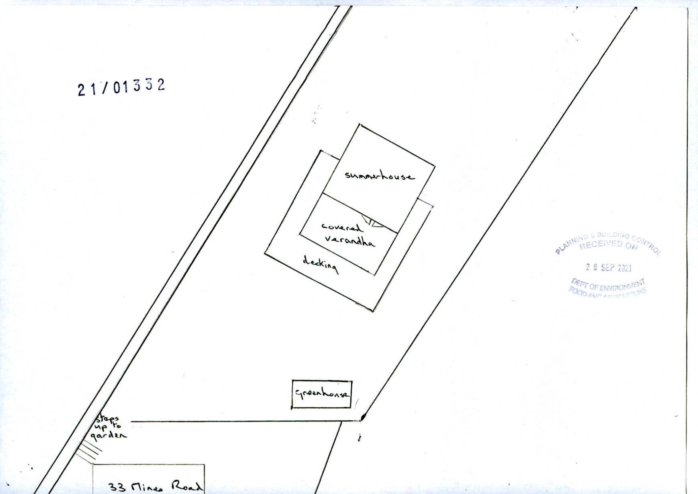Hand-drawn site plan sketch showing the layout of a summerhouse, covered verandah, and decking relative to property boundaries and a greenhouse.
