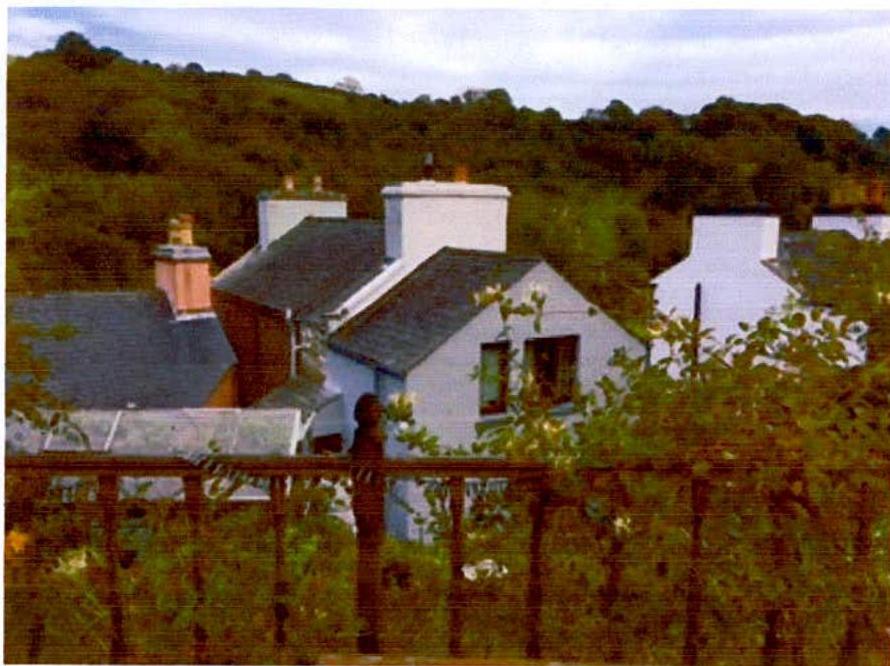 A photograph showing a residential scene with white-walled houses featuring slate roofs and chimneys set against a tree-covered hill. The view is partially obscured by a wooden fence and green foliage in the foreground.