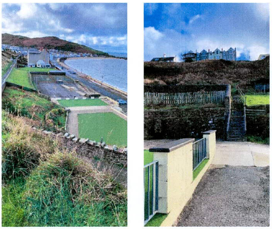 A composite image showing two views of a coastal site, featuring a beach promenade and a grassy slope with a retaining wall.