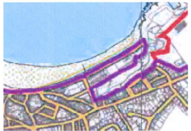 A site location map showing a coastal area with a purple boundary line outlining the proposed development site near the beach.