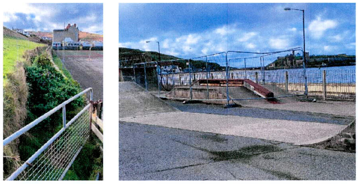 Two photographs showing the coastal site surroundings, including a grassy slope with railings and a paved area with ramps near the sea.