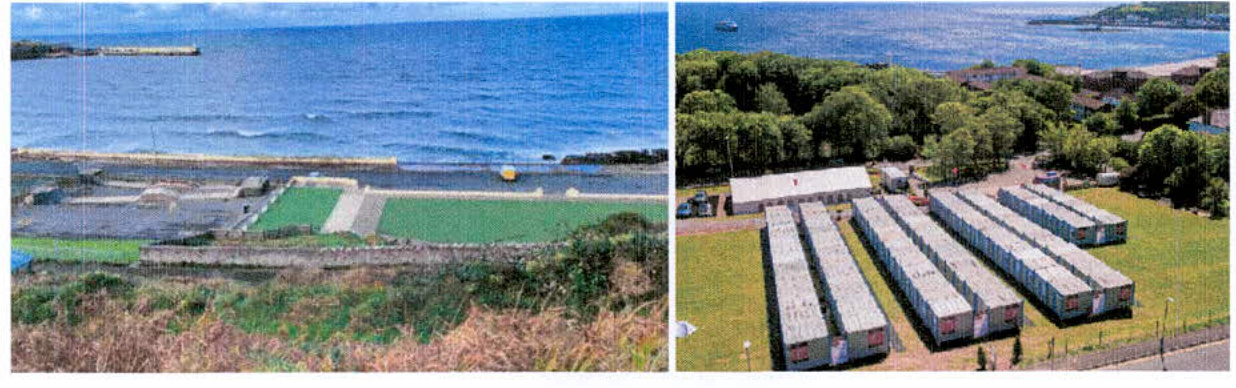 A composite image showing a coastal site with temporary tourist accommodation. The left panel shows the sea and green pitches, while the right panel displays rows of static caravans in a field.