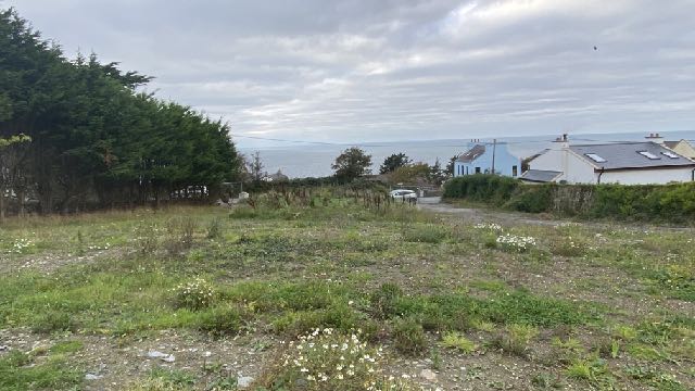 A photograph showing a grassy, overgrown plot of land with trees on the left and residential houses with a sea view in the background.