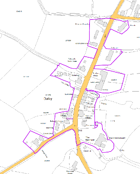 A site location map showing the application area outlined in purple lines within the village of Dalby.