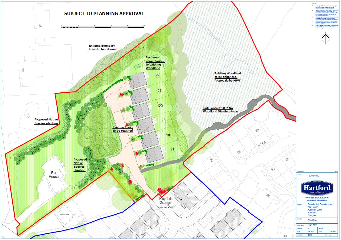 A site plan illustrating a proposed residential development with six dwellings, detailed landscaping, and woodland enhancement areas.