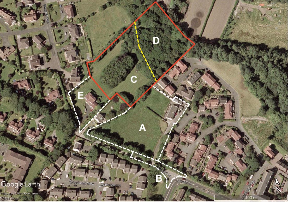 An aerial site plan showing a large green plot outlined in red and yellow, labeled A-E, surrounded by existing residential housing.