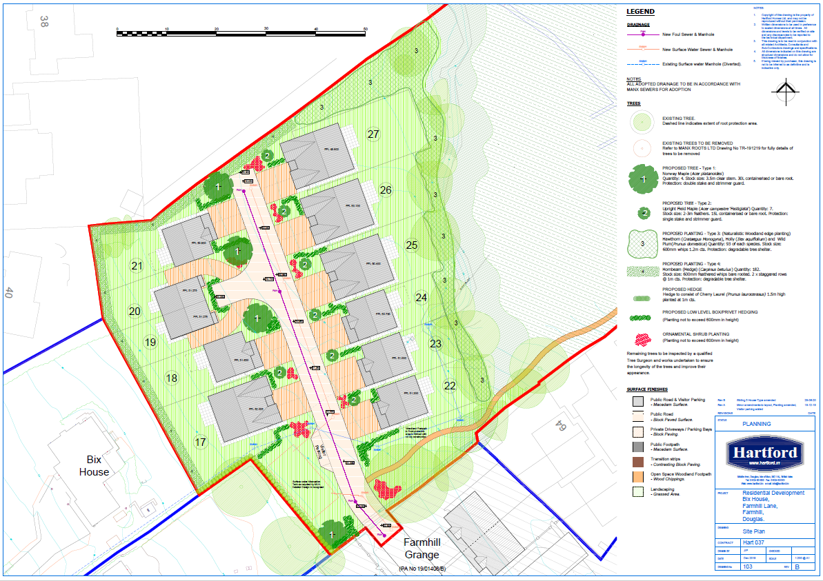 A detailed site layout plan illustrating the proposed arrangement of six residential dwellings, access roads, and extensive landscaping features within a red boundary.