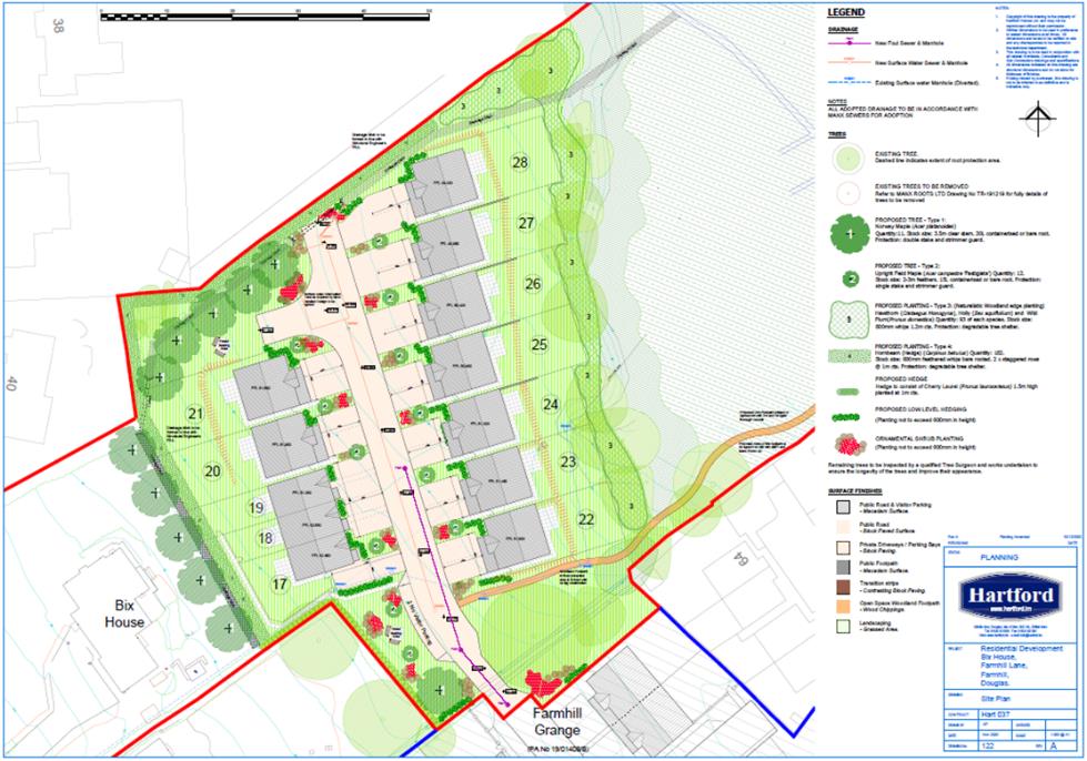The image displays a detailed site plan for a proposed residential development, illustrating building footprints, landscaping, drainage infrastructure, and access routes.