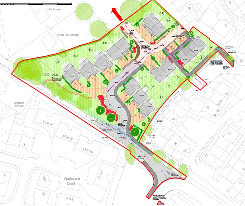 A detailed site plan illustrating the proposed layout for a residential development, showing building footprints, access roads, and landscaping areas within a red boundary line.
