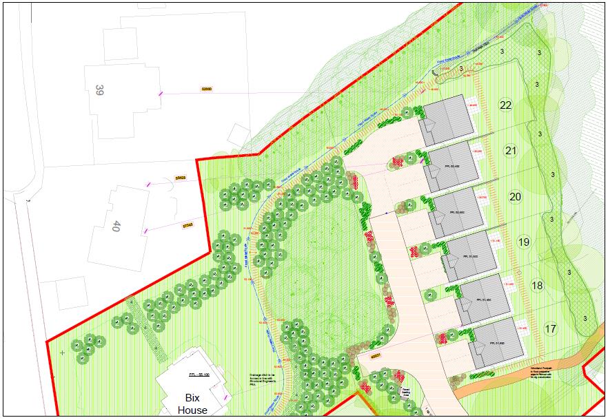 This image is a site plan illustrating the proposed layout for six new residential dwellings. It details the positioning of the new buildings, existing neighboring properties, and extensive landscaping features within...