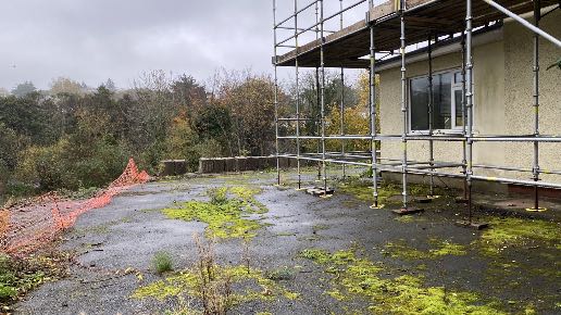 A photograph showing the exterior of a building with scaffolding erected along the side, set against a backdrop of trees and a hill. The paved ground in the foreground is covered in patches of green moss and algae.