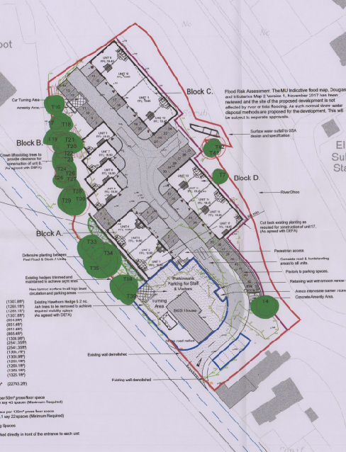 A detailed site layout plan showing building blocks, parking areas, and landscaping features with annotations regarding flood risk and drainage.