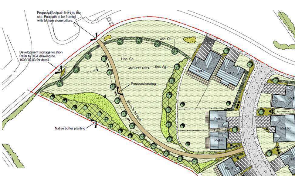A detailed landscape and site plan showing a proposed amenity area with a footpath, seating, and native planting adjacent to residential plots.
