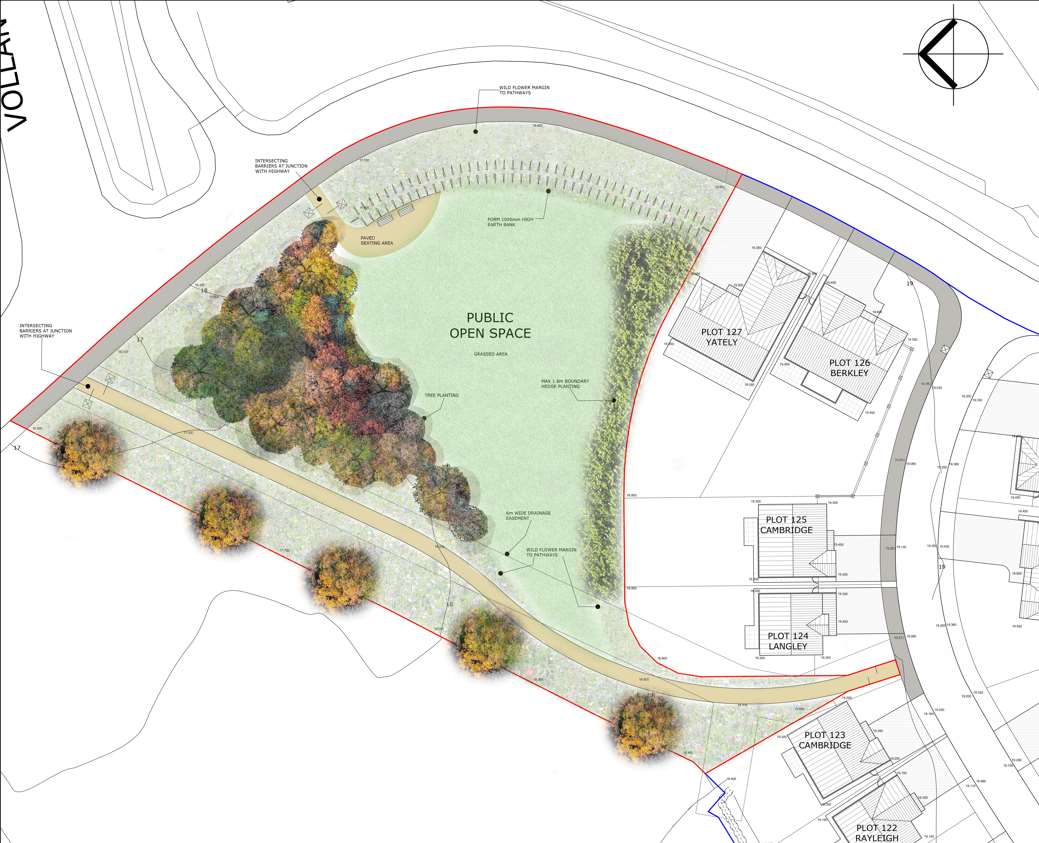 A site plan illustrating a designated public open space featuring landscaping, tree planting, and a pathway, situated adjacent to residential plots.