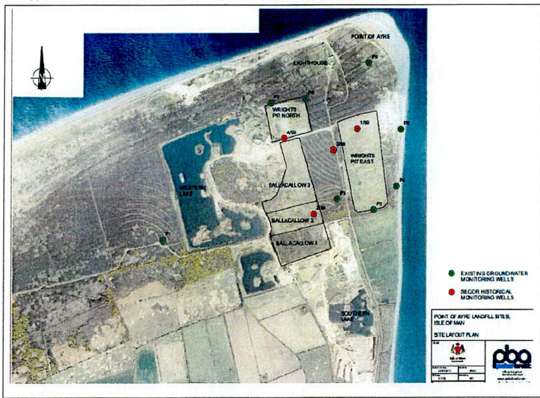 Site layout plan overlaid on an aerial photograph showing the Point of Ayre landfill sites with groundwater monitoring well locations.