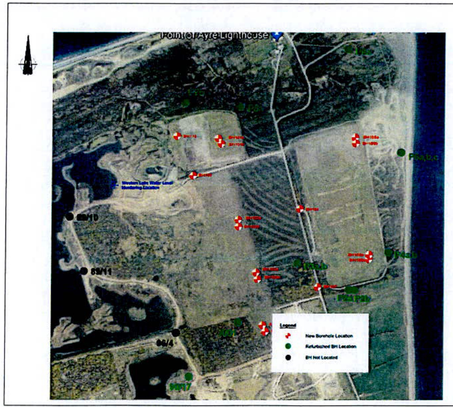 An aerial site plan overlaid with symbols indicating proposed groundwater monitoring borehole locations near the Point of Ayre Lighthouse.