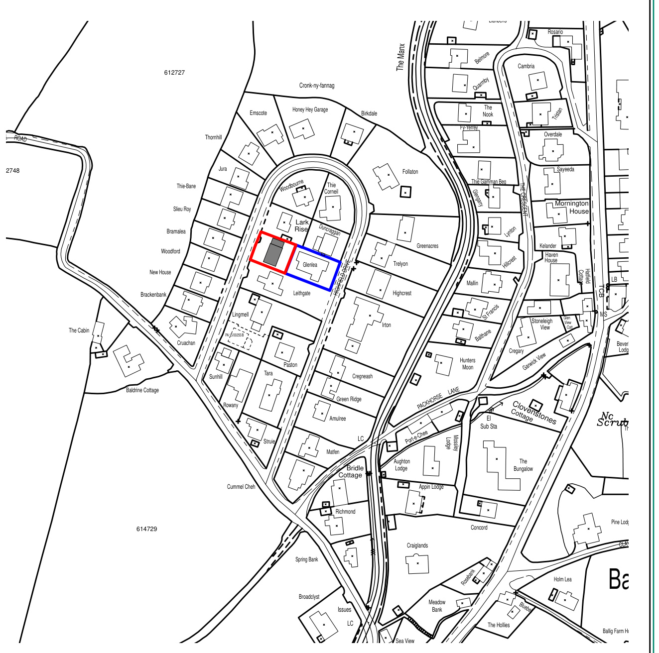 A site plan map showing a residential area with specific plots highlighted in red and blue outlines.
