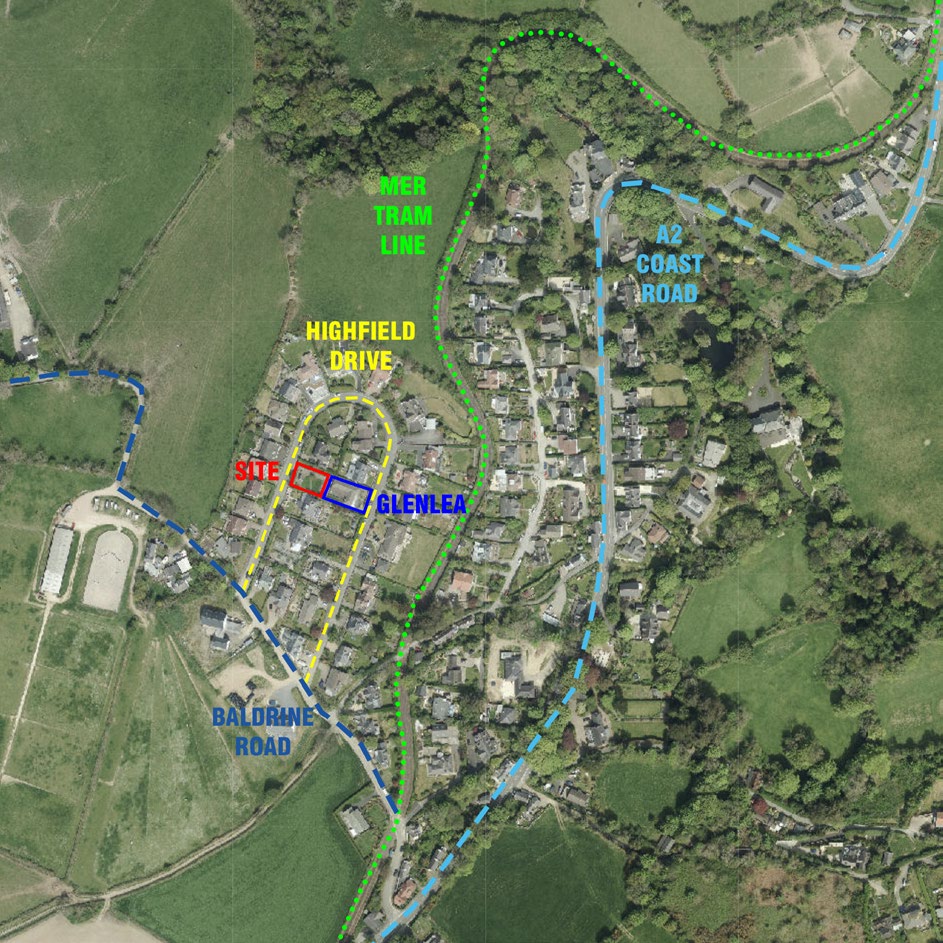An aerial site location map highlighting the proposed development site in red, situated near Highfield Drive and the A2 Coast Road.
