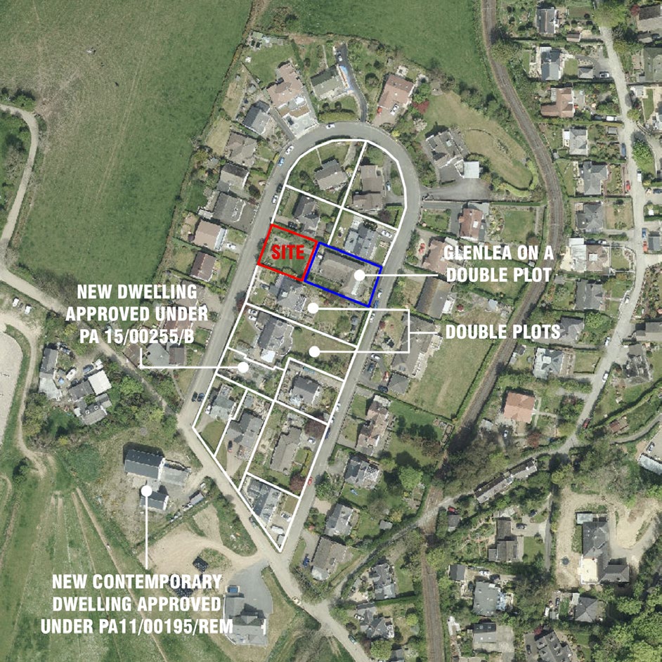 An aerial site location map highlighting a specific plot in red, surrounded by residential properties and annotated with previous planning approvals.