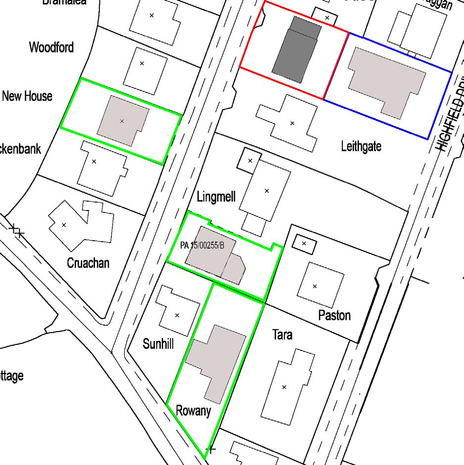 A site plan illustrating property boundaries, building footprints, and road layouts, highlighting specific plots with colored outlines.