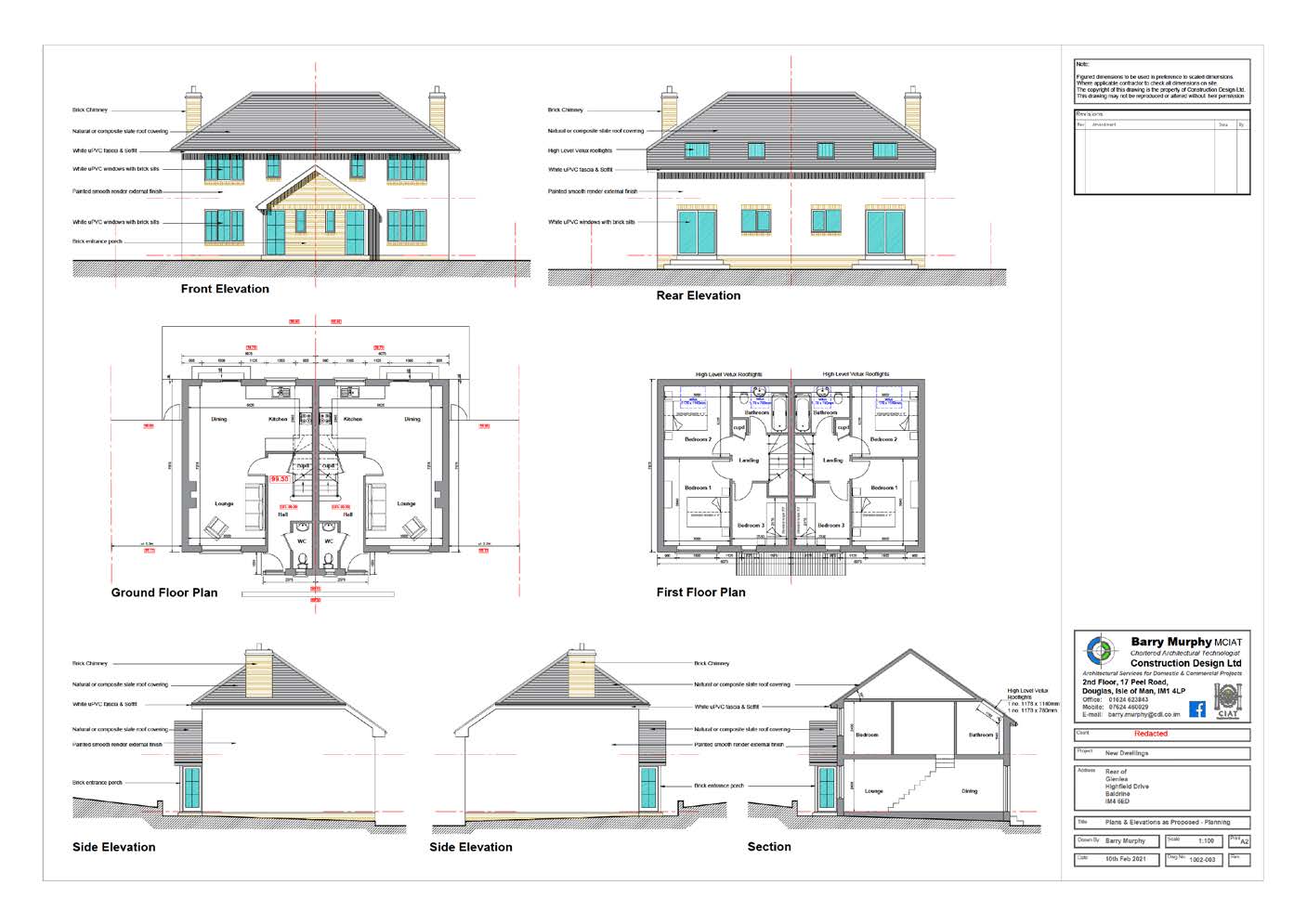 The image displays a set of architectural drawings for a proposed detached dwelling, including front and rear elevations, ground and first floor plans, side elevations, and a cross-section.
