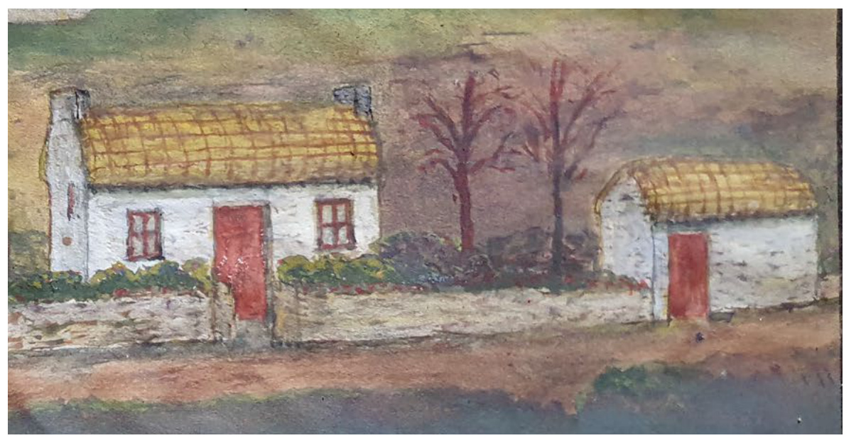 A watercolor painting depicting a white cottage and a detached garage with yellow roofs in a rural setting with trees and a stone wall.