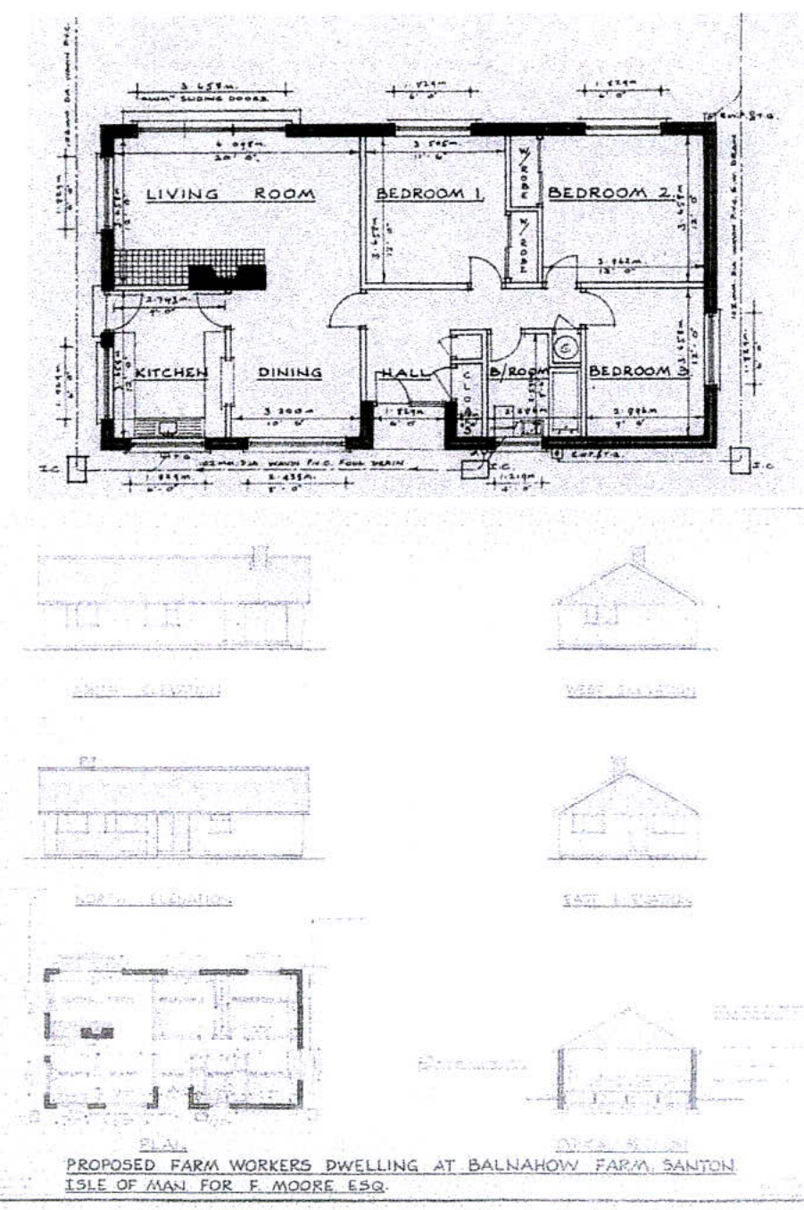 Architectural floor plan and elevation drawings for a proposed farm workers dwelling showing room layouts and exterior views.