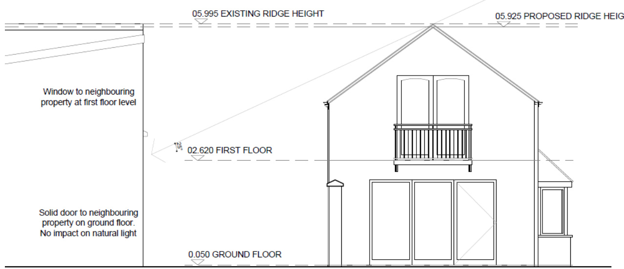 Architectural elevation drawing showing height levels, roofline changes, and window placements relative to a neighboring property.