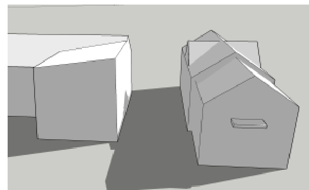 A grey-scale 3D perspective sketch showing two building massing models, likely illustrating proposed or existing structures.