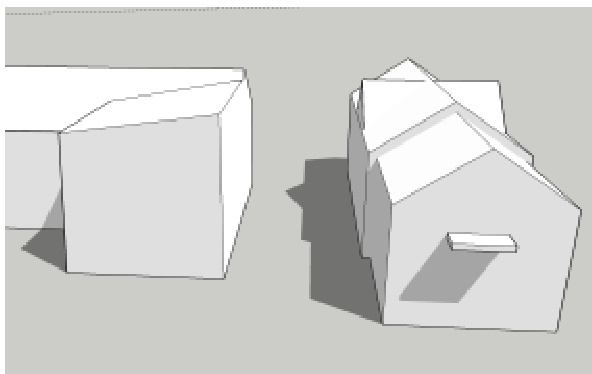 A 3D architectural massing study or sketch showing two building forms, likely illustrating proposed demolition or new construction elements.